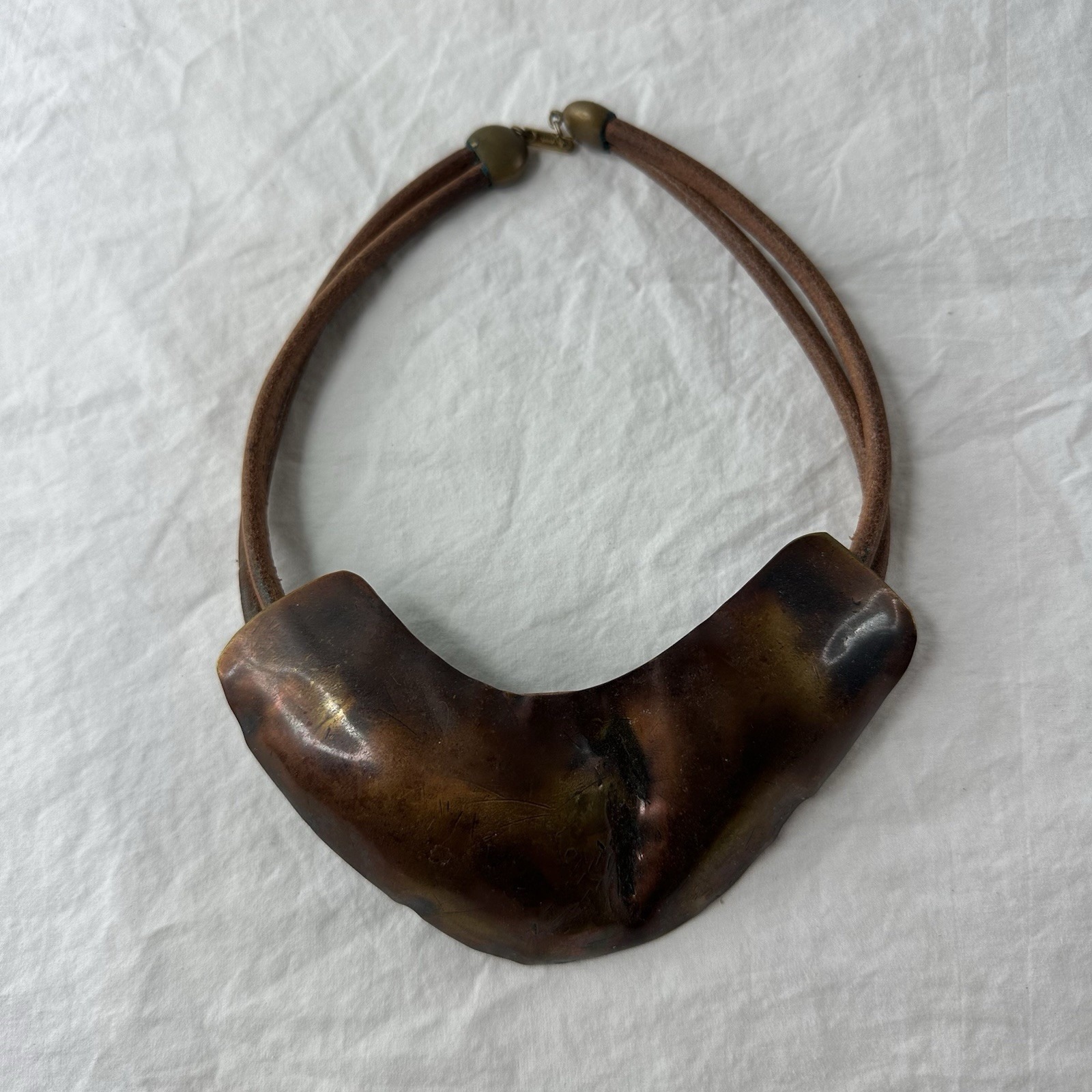 Vtg Signed Dauplaise Copper And Leather Statement Necklace Abstract Modernist 85$